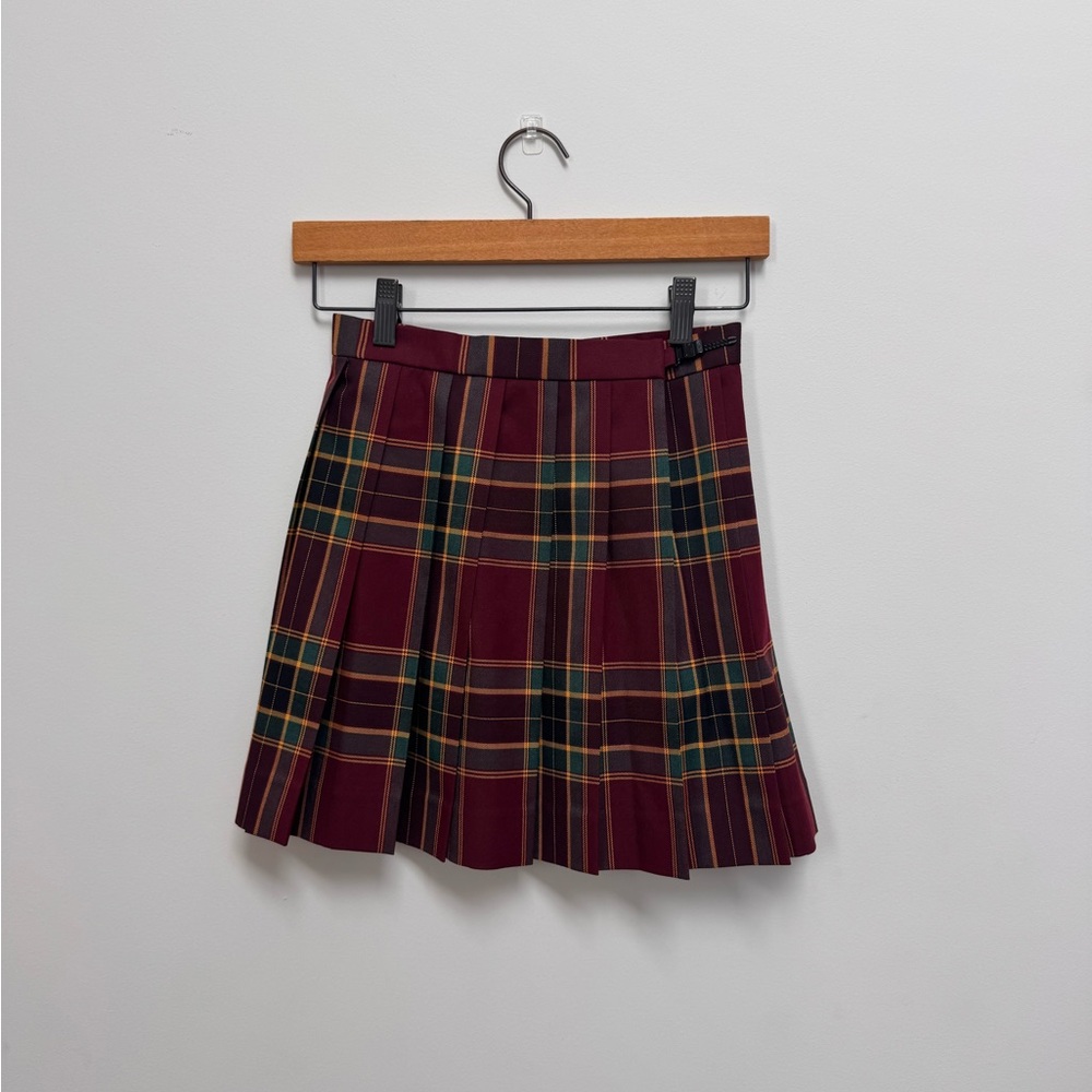 Japanese Burgundy Tartan Plaid Pleated Mini Skirt Adjustable Waist 24-26"